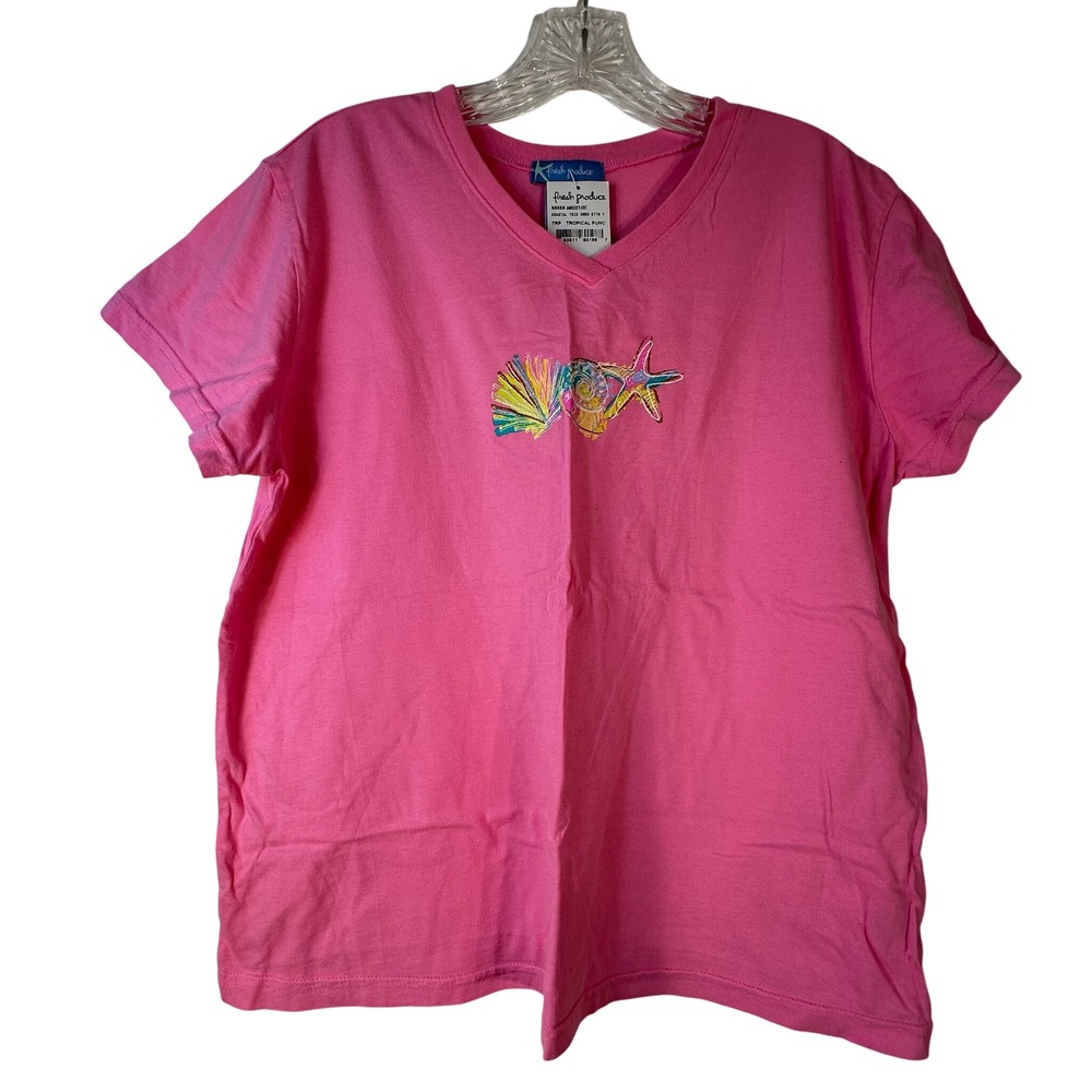 Fresh Produce Tropical Punch Pink V-Neck Coastal Trio Starfish T-Shirt Large NEW